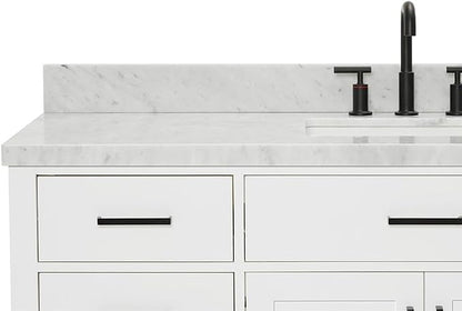 ARIEL Hepburn 60-inch Bathroom Vanity with Sink,Solid Wood, 1.5-inch Italian Carrara Marble Countertop, Single Rectangular Porcelain Sink, 2 Soft Closing Doors, 9 Dovetail Drawers, White
