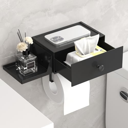 Lifewit Toilet Paper Holder Wall Mount with Shelf & Drawer, Black, 1 Pack
