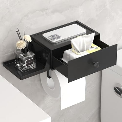 Lifewit Toilet Paper Holder Wall Mount with Shelf & Drawer, Black, 1 Pack