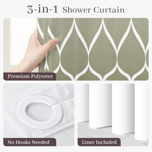 Yiatn Ombre Sage Green Shower Curtain with Snap-in Liner, 71 x 74 Inch