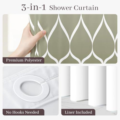 Yiatn Ombre Sage Green Shower Curtain with Snap-in Liner, 71 x 74 Inch