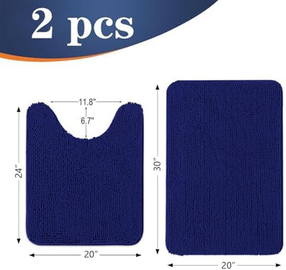 OLANLY Chenille Bathroom Rugs Mats Sets 2 Piece, 30"x20"+24"x20", Navy