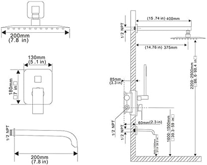 Polished Chrome Shower Faucet Set with Tub Spout Bathroom Luxury Rain Mixer Shower Head System Wall Mounted Shower Faucet Complete, Single Handle Tub and Shower Trim Kit with Rough-in Valve