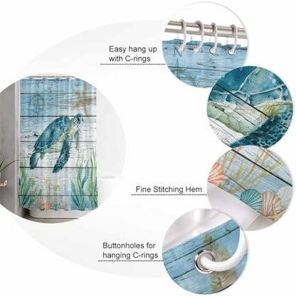 Shower Curtain Bathroom Set Sea Turtle Seagrass Starfish Waterproof Shower Curtains with Grommets Hooks Nautical Compass Blue Gradient Privacy Bath Curtain for Bathtub Decor 36x72in