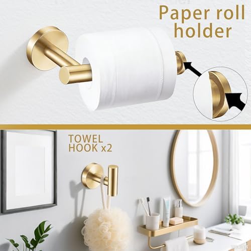 5 Pieces Brushed Gold Bathroom Hardware Accessories Set, SUS304 Stainless Steel 24 Inch Bath Towel Bar Set, Round Bathroom Towel Holder Set, Towel Racks for Bathroom Wall Mounted