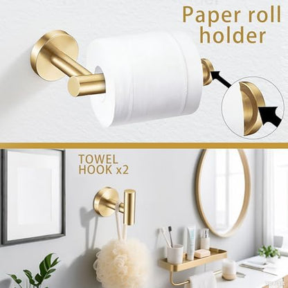 5 Pieces Brushed Gold Bathroom Hardware Accessories Set, SUS304 Stainless Steel 24 Inch Bath Towel Bar Set, Round Bathroom Towel Holder Set, Towel Racks for Bathroom Wall Mounted