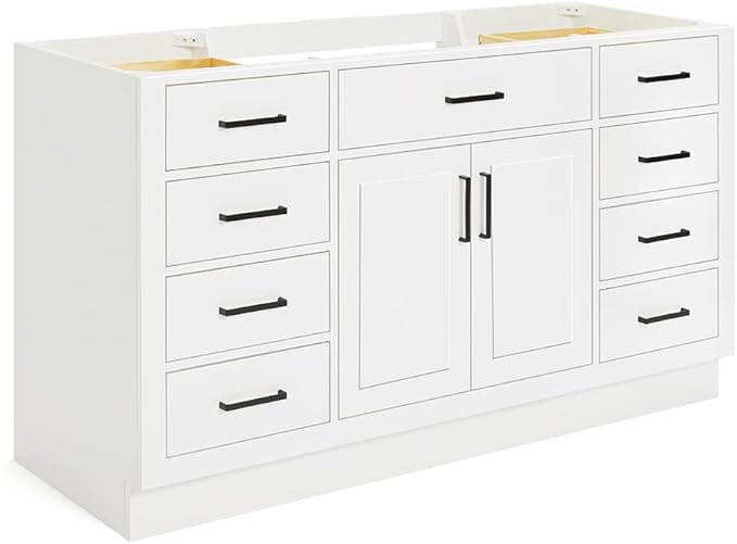 ARIEL Hepburn 60-inch Bathroom Vanity Base Cabinet,Solid Wood, 2 Soft Closing Doors, 9 Dovetail Drawers, White