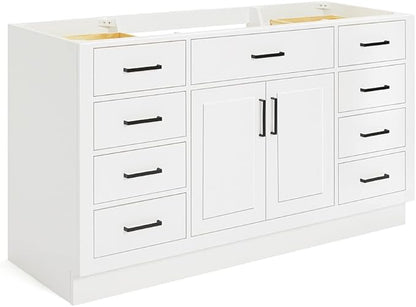 ARIEL Hepburn 60-inch Bathroom Vanity Base Cabinet,Solid Wood, 2 Soft Closing Doors, 9 Dovetail Drawers, White