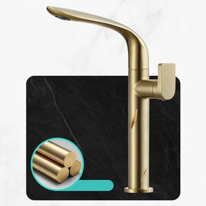 360° Rotatable Gold Brushed Single Handle Bathroom Faucet Mixer, Hot & Cold Water, Stylish Sink Tap for Kitchen & Bath, Modern Design, Easy Installation