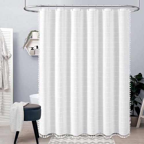 BTTN 54x72 Boho Farmhouse Linen Heavy Duty Fabric Shower Curtain Set, White