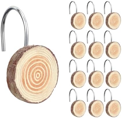 Sunlit Farmhouse Wooden Slices Shower Curtain Hooks, Rustic Home Decorative Shower Curtain Rings for Bathroom, Resin Shower Curtain Hangers Bathroom Accessories, Set of 12, Brown