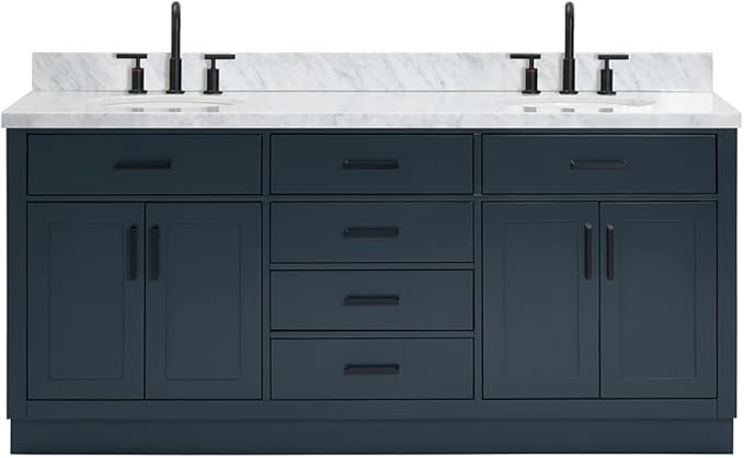 ARIEL Hepburn 72-inch Bathroom Vanity with Sink,Solid Wood, 1.5-inch Italian Carrara Marble Countertop, Double Oval Porcelain Sink, 4 Soft Closing Doors, 6 Dovetail Drawers, Midnight Blue