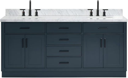 ARIEL Hepburn 72-inch Bathroom Vanity with Sink,Solid Wood, 1.5-inch Italian Carrara Marble Countertop, Double Oval Porcelain Sink, 4 Soft Closing Doors, 6 Dovetail Drawers, Midnight Blue