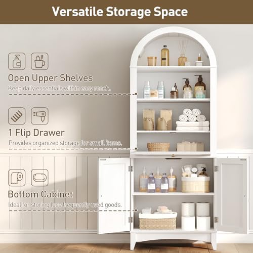RALGEND 66" Tall Bathroom Storage Cabinet with Flip Drawer, Freestanding Storage Cabinet with Doors & Shelves,Arched Cabinets for Bathroom, Living Room, Kitchen, Laundry, White