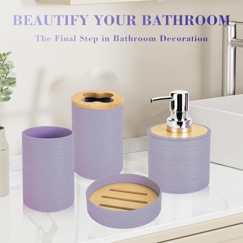 4PCS Lavender Bathroom Set, Soap Dispenser, Dish & Bamboo Holder, Rustic