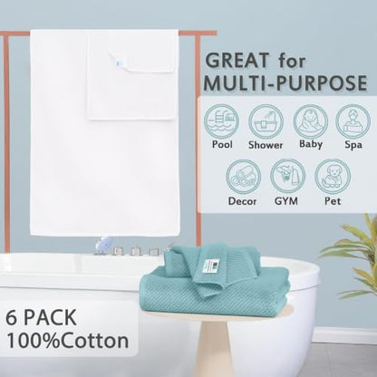 VOOVA & MOVAS 6PC Towel Set, 100% Cotton, Aqua Teal White