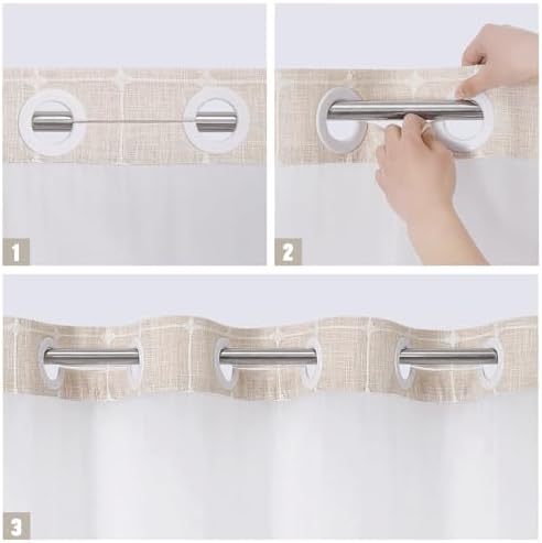 MitoVilla No Hooks Required Farmhouse Shower Curtain with Snap-in Liner - with Window & Magnets, Boho Cotton Linen Fabric Shower Curtains with Tassels for Rustic Bathroom Decor, Beige/Cream, 72 x 74