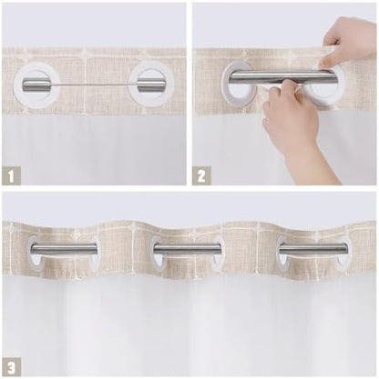 MitoVilla No Hooks Required Farmhouse Shower Curtain with Snap-in Liner - with Window & Magnets, Boho Cotton Linen Fabric Shower Curtains with Tassels for Rustic Bathroom Decor, Beige/Cream, 72 x 74