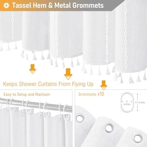 BTTN 54x78 Boho Farmhouse Linen Heavy Duty Cloth Shower Curtain Set, White