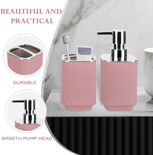 Pink Bathroom Accessories 2 Pcs, Soap Dispenser and Toothbrush Holder Set