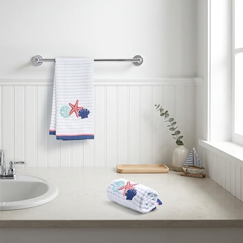Ritz 2-Piece Cotton Velour Bathroom Hand Towel Set, Embroidered Seashell Trio Design, Light Blue Pinstripe Towels for Beach House, Lake Home, or Spa Decor, 16” x 26”