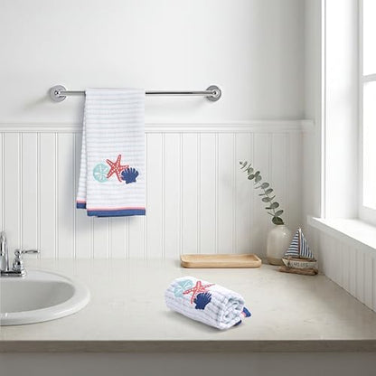Ritz 2-Piece Cotton Velour Bathroom Hand Towel Set, Embroidered Seashell Trio Design, Light Blue Pinstripe Towels for Beach House, Lake Home, or Spa Decor, 16” x 26”