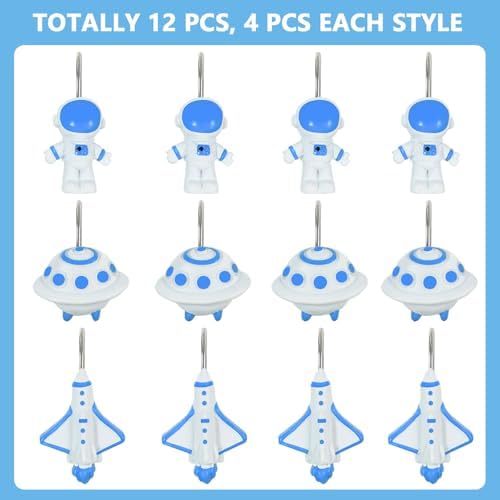 12-Piece Outer Space Galaxy Rocket Planet Shower Curtain Hooks