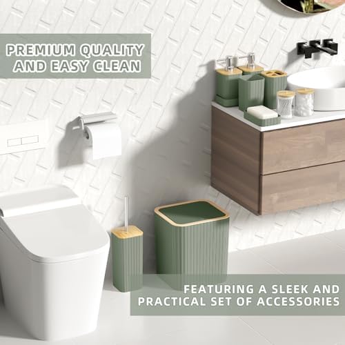 XLHOMO Bathroom Accessories Set - Elegant Sage Green Bathroom Set, 10PC Bathroom Accessory Set, Toilet Brush, Trash Can, Qtip Holder Dispenser & Soap Dispenser