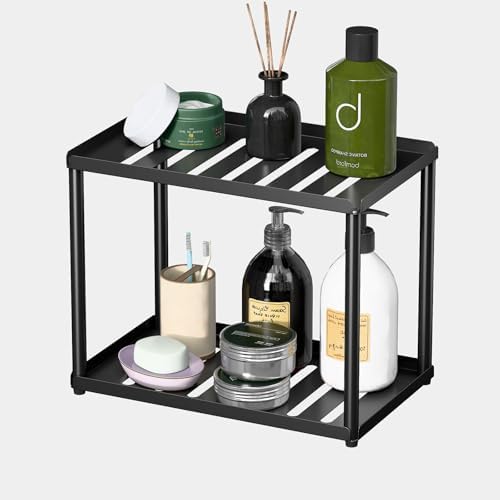 2 Tier Bathroom Counter Organizer, Rectangular Vanity Organizer Shelf, Skincare and Makeup Countertop Storage Rack for Kitchen, Bathroom, Bedroom, Black