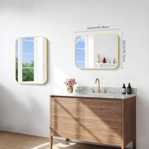 BONEWEI Gold Bathroom Mirror,18x24 inch Wall Mirror for Bathroom Wall Mounted,Round Rectangle Mirror for Bathroom Over Sink,Modern Frame for Home Decor Living Room,Bedroom Entryway,Horizontal/Vertical