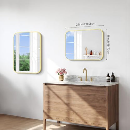 BONEWEI Gold Bathroom Mirror,18x24 inch Wall Mirror for Bathroom Wall Mounted,Round Rectangle Mirror for Bathroom Over Sink,Modern Frame for Home Decor Living Room,Bedroom Entryway,Horizontal/Vertical