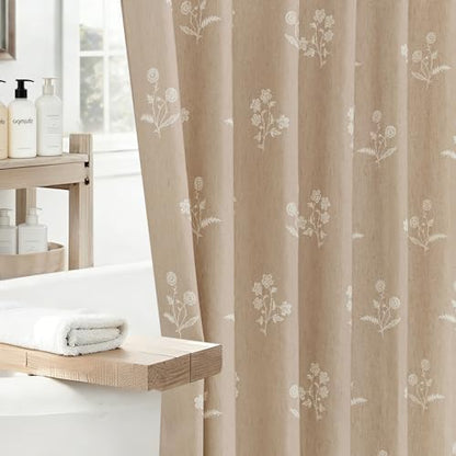 ORTIGIA Cottage Core Neutral Shower Curtain Linen Farmhouse Vintage Floral Block Print Shower Curtains Set Boho Rustic Decor for Bathroom 72 W x 72 L