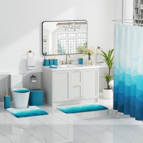 XLHOMO Bathroom Accessory Set - 26PC Bathroom Shower Curtain and Rug Set, Bathroom Accessories Set, Teal Bathroom Set with Trash Can, Toilet Brush, Qtip Holder & Soap Dispenser