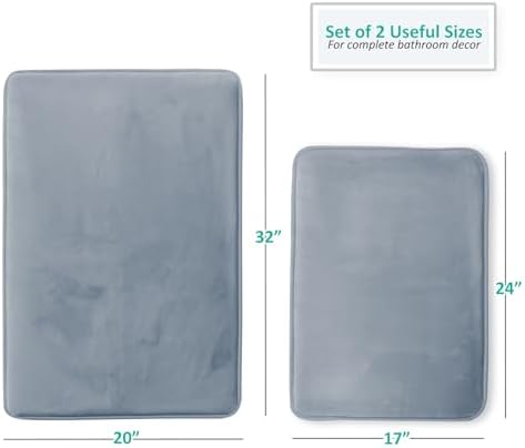 Clara Clark 2 Piece Bathroom Rug Set - Memory Foam, Bath Mat Set, Plush, Cozy, Ultra Soft, Non Slip, Machine Washable, Quick Dry - 24” x 17”+ 32” x 20” - Stone Blue