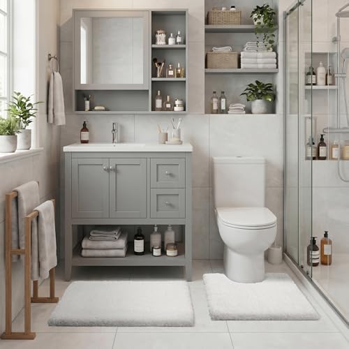 Yimobra Bath Rugs for Bathroom 32X20, Ultra Soft and Water Absorbent Bath Mats, Non Slip Plush Shower Mat Outside, Microfiber Thick Matts for Bathroom Floor/Tub, Machine Washable, Off White
