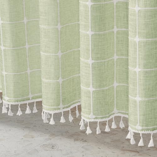 MitoVilla No Hooks Needed Boho Farmhouse Shower Curtain with Snap-in Liner, Cotton Linen Fabric Shower Curtains with Tassels for Rustic Neutral Bathroom Decor, Sage Green, 72 x 74