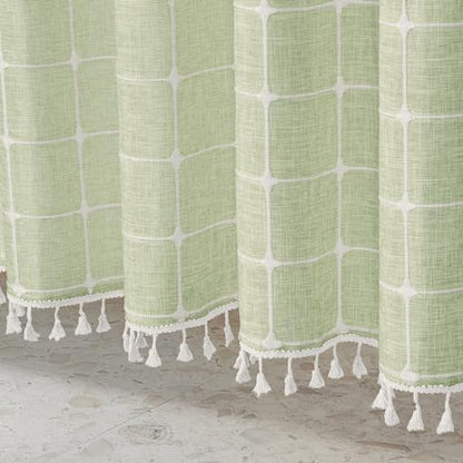 MitoVilla No Hooks Needed Boho Farmhouse Shower Curtain with Snap-in Liner, Cotton Linen Fabric Shower Curtains with Tassels for Rustic Neutral Bathroom Decor, Sage Green, 72 x 74