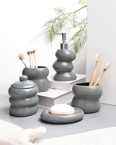 Bathroom Accessory Set 5PCS, Ceramic Bathroom Accessories Set, Irregular Shape Small Bathroom Sets Accessories Complete, Home Apartment Minimalist Decor Vanity Countertop, ANTIS'S HOME (Grey)