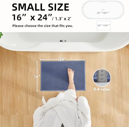 TYUU Bathroom Rugs Non Slip Washable, Super Absorbent Thin Bath Mat Small Quick Dry Low Pile Bathroom Rug, Denim Blue 16"x24"