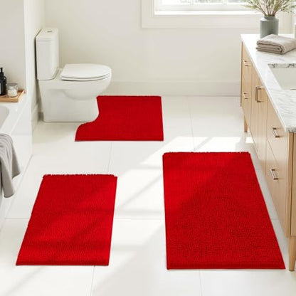 HOMEIDEAS Red Chenille Bathroom Rugs Set of 3, Non Slip Bath Mat