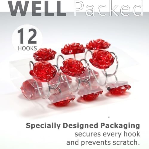 Red Rose Shower Curtain Hooks: Cute Flower Bathroom Curtain Rings, 12Pcs