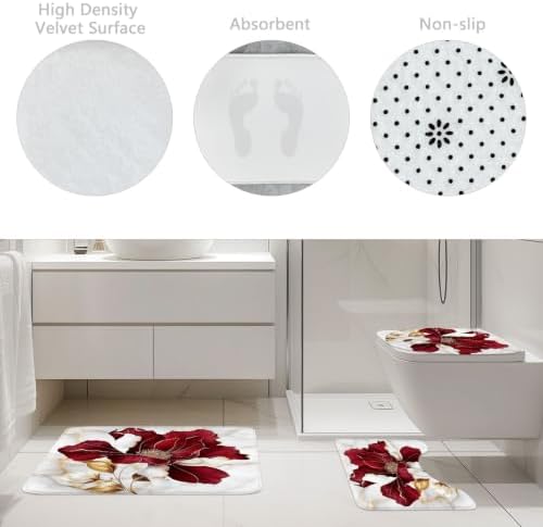 Burgundy Red Maroon Marble Floral 4Pcs Bathroom Shower Curtain Set with Rug
