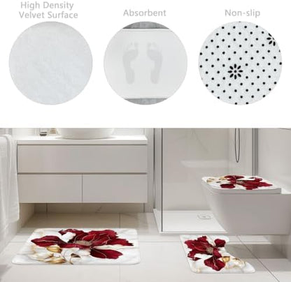 Burgundy Red Maroon Marble Floral 4Pcs Bathroom Shower Curtain Set with Rug