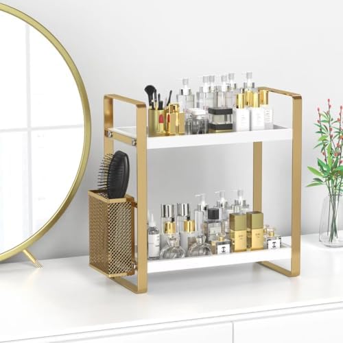 LEMIKKLE Bathroom Counter Organizer with Basket, Perfume,Makeup Organizers for Vanity,Storage Organizers for Bathroom, Kitchen, Dresser（White）