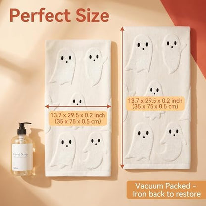 2 Pack Halloween Hand Towels 100% Cotton Jacquard Ghost Halloween Kitchen Towels White Bathroom Towels Set Seasonal Bathroom Decor (Beige Ghost, Halloween)