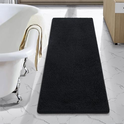 LOCHAS Luxury Bathroom Rug Shaggy Bath Mat 48 x 17 Inch, Black