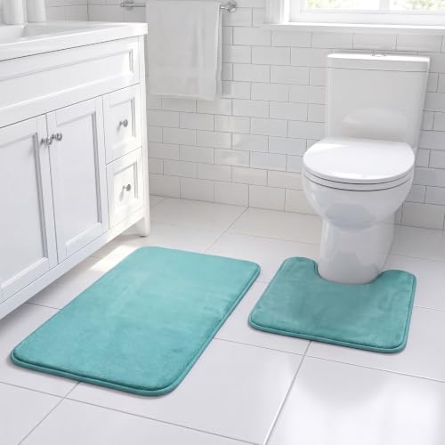 H.VERSAILTEX Bath Mat Set Flannel Velvety Luxury Extra Soft Absorbent Non Slip Bathroom/Bedroom Rugs (Curved Set 20"x 32" Plus 20"x 20"U, Eggshell Blue)