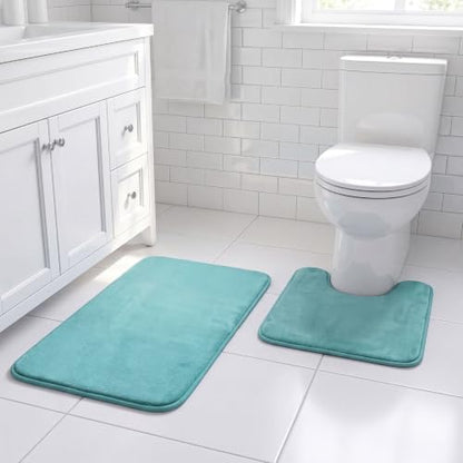 H.VERSAILTEX Bath Mat Set Flannel Velvety Luxury Extra Soft Absorbent Non Slip Bathroom/Bedroom Rugs (Curved Set 20"x 32" Plus 20"x 20"U, Eggshell Blue)