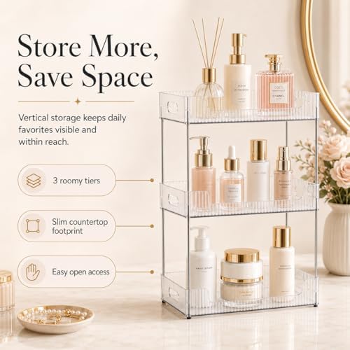 Goderewild 3 Tier Bathroom Counter Organizer, Multi-Purpose Cosmetics Skincare Shelf, Fits A4 Size Makeup Organizer for Office and Vanity Tray, Countertop Storage Solution for Kitchen,Bath.(Clear)
