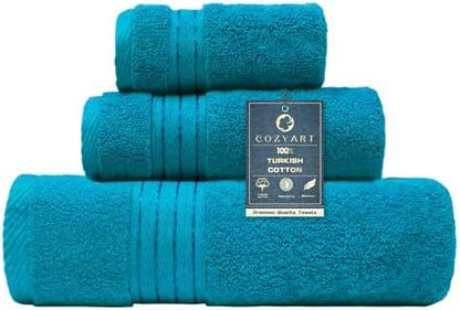 COZYART Luxury Bath Towel Set 3 PCS, Teal 100% Turkish Cotton 650 GSM